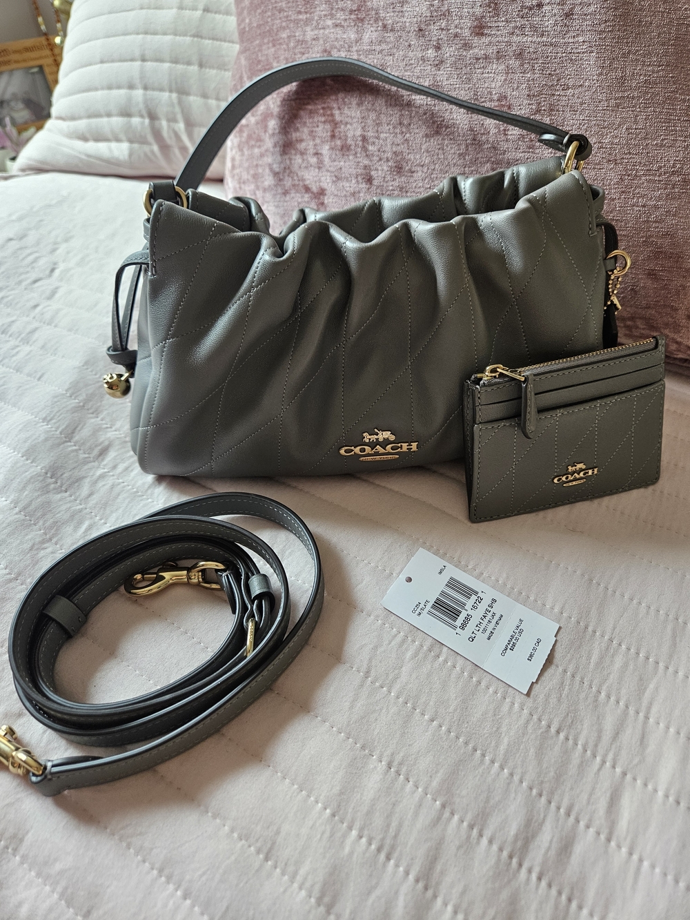 Coach Quilted Leather Faye Slate Gray Shoulder Bag Matching Card Case